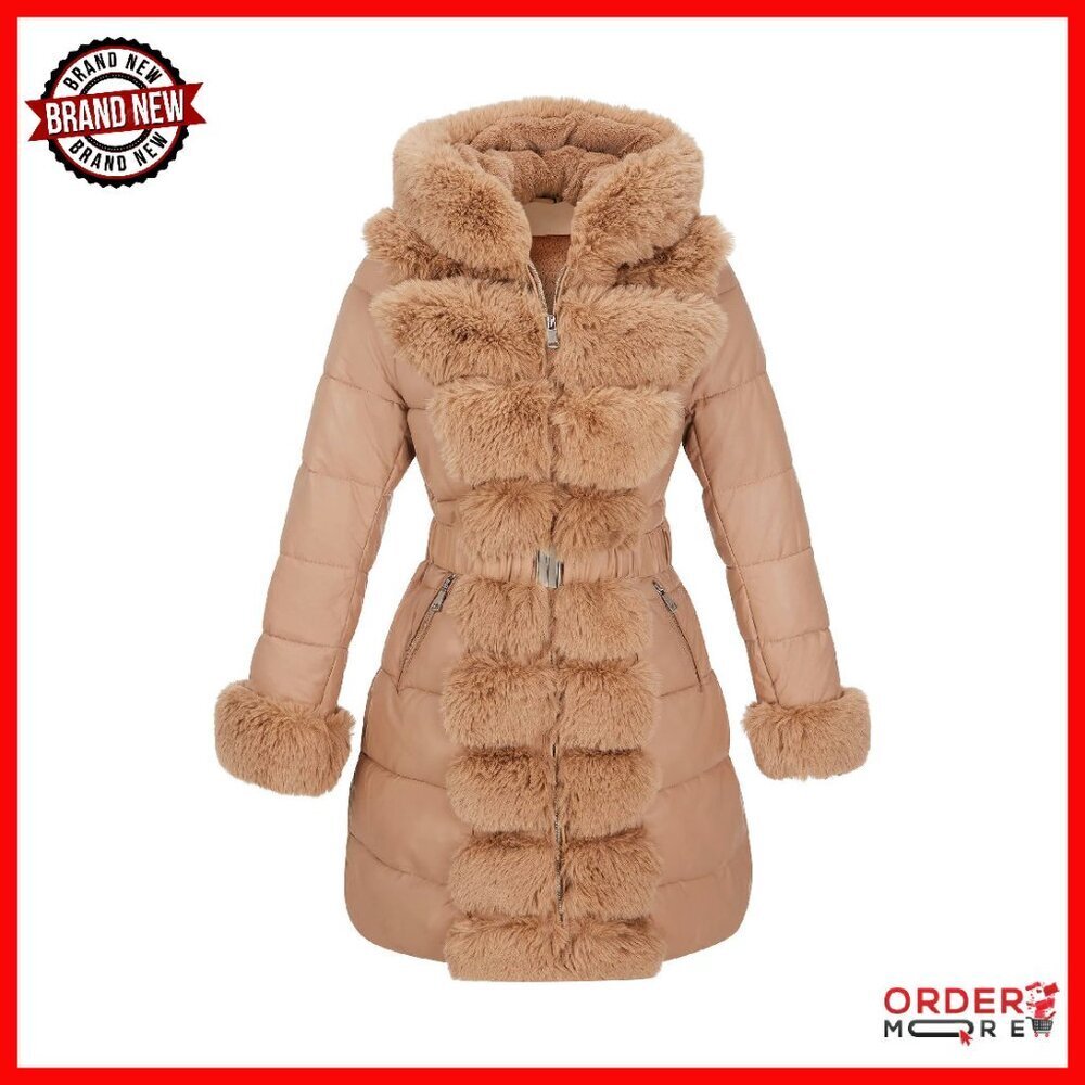 Women's Winter Puffer Coat with Fur Hood, Faux Leather, Belted, Size Available - Picture 1 of 8